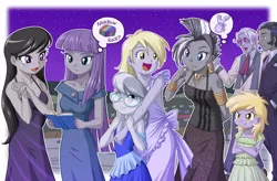 Size: 1200x787 | Tagged: safe, artist:uotapo, derpibooru import, derpy hooves, dinky hooves, hoity toity, king sombra, maud pie, octavia melody, silver spoon, zecora, equestria girls, rainbow rocks, :t, angry, apron, background human, beautiful, book, clothes, color set, cute, derpabetes, dinkabetes, dress, equestria girls-ified, female, glasses, good king sombra, gray, jealous, maudabetes, meta reference, night, open mouth, pun, silverbetes, tattoo, tavibetes, uotapo is trying to murder us, zecorable