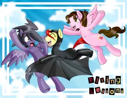 Size: 3300x2550 | Tagged: armpits, artist:boastudio, artist:shinta-girl, artist:taekwon-magic, batsuit, derpibooru import, flying lesson, oc, oc:boa, oc:shinta pony, oc:taekwon magic, rubber pony, safe, unofficial characters only