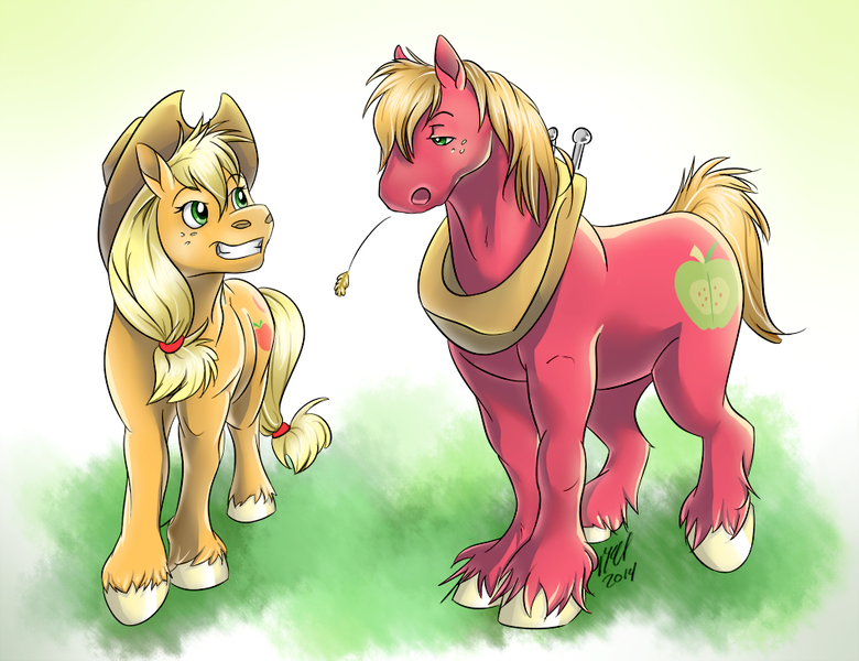 Size: 950x731 | Tagged: safe, artist:carnivorouscaribou, artist:moenkin, derpibooru import, applejack, big macintosh, earth pony, pony, brother and sister, female, male, siblings, stallion