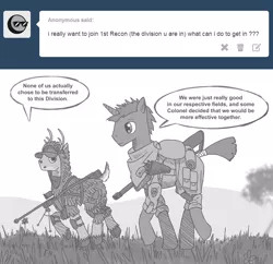 Size: 2450x2372 | Tagged: safe, derpibooru import, oc, unofficial characters only, deer, pony, unicorn, black and white, clothes, grayscale, gun, hooves, horn, male, military, monochrome, open mouth, optical sight, rifle, sniper, sniper rifle, stallion, uniform, weapon