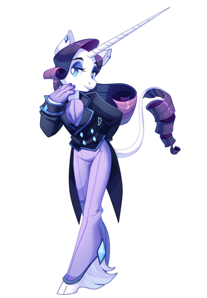 Size: 2500x3600 | Tagged: safe, artist:frogbians, derpibooru import, rarity, anthro, classical unicorn, unguligrade anthro, unicorn, clothes, cloven hooves, crossdressing, ear piercing, female, gloves, impossibly large horn, leonine tail, lidded eyes, long horn, looking at you, mare, pants, piercing, sharp horn, simple background, smiling, solo, suit, transparent background, unshorn fetlocks