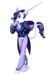 Size: 2500x3600 | Tagged: safe, artist:frogbians, derpibooru import, rarity, anthro, classical unicorn, unguligrade anthro, unicorn, clothes, cloven hooves, crossdressing, ear piercing, female, gloves, impossibly large horn, leonine tail, lidded eyes, long horn, looking at you, mare, pants, piercing, sharp horn, simple background, smiling, solo, suit, transparent background, unshorn fetlocks