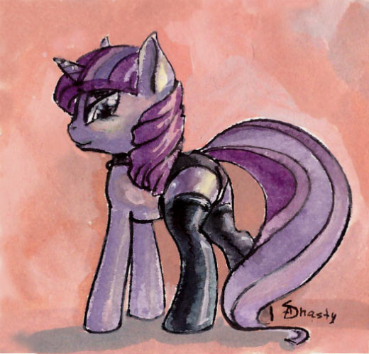 Size: 520x500 | Tagged: suggestive, artist:anasty, derpibooru import, twilight sparkle, pony, unicorn, black eyeshadow, clothes, collar, eyeshadow, female, gray eyes, image, jpeg, latex, latex stockings, looking at you, looking back, looking back at you, makeup, mare, orange background, panties, purple coat, purple mane, purple tail, side view, signature, simple background, smiling, smirk, solo, solo female, standing, stockings, thigh highs, traditional art, underwear, unicorn twilight, watercolor painting