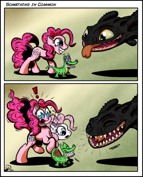 Size: 2100x2600 | Tagged: safe, artist:gray--day, derpibooru import, gummy, pinkie pie, dragon, earth pony, night fury, pony, comic, crossover, gradient background, how to train your dragon, retractable teeth, teeth, toothless the dragon