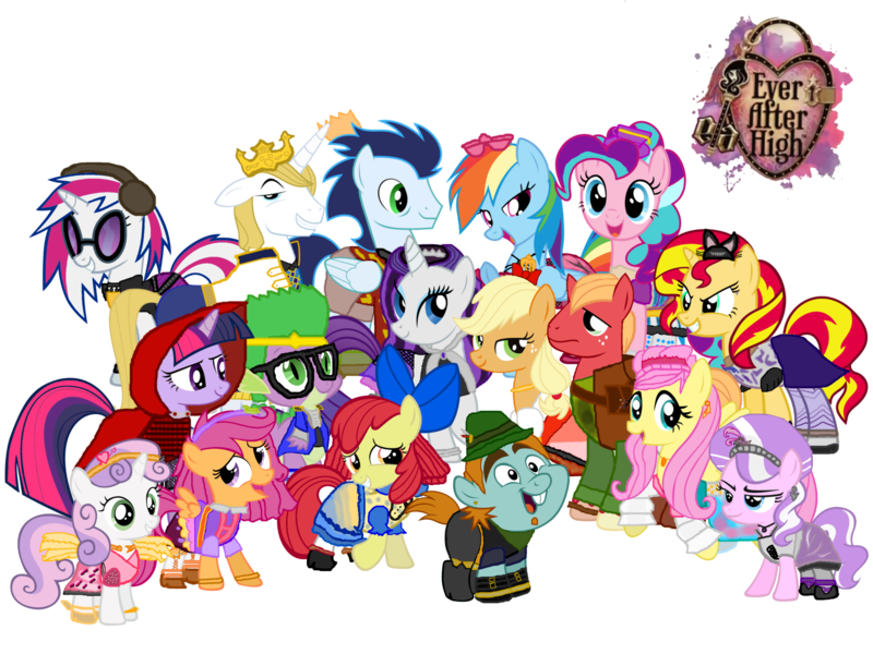 Size: 2000x1500 | Tagged: safe, artist:thunderfists1988, derpibooru import, edit, apple bloom, applejack, big macintosh, diamond tiara, fluttershy, pinkie pie, rainbow dash, rarity, scootaloo, snips, soarin', spike, sweetie belle, twilight sparkle, vinyl scratch, earth pony, pony, apple white, ashlynn ella, blondie lockes, briar beauty, ceder wood, cerise hood, cutie mark crusaders, daring charming, dexter charming, duchess queen, ever after high, hunter huntsman, kitty cheshire, madeline hatter, male, mane six, melody piper, raven queen, sparrow hood, stallion