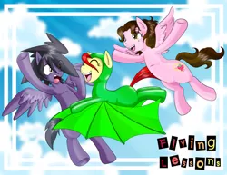 Size: 1024x791 | Tagged: armpits, artist:boastudio, artist:shinta-girl, artist:taekwon-magic, batsuit, comet, derpibooru import, flying lesson, oc, oc:shinta pony, oc:taekwon magic, rubber pony, safe, unofficial characters only