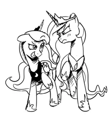 Size: 1280x1427 | Tagged: safe, artist:anticular, derpibooru import, princess celestia, princess luna, alicorn, pony, lunadoodle, duo, duo female, female, frown, grin, mare, monochrome, peytral, smiling, unamused