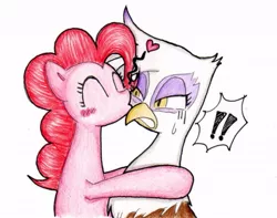 Size: 633x500 | Tagged: safe, artist:unousaya, derpibooru import, gilda, pinkie pie, gryphon, female, gildapie, interspecies, kissing, lesbian, shipping, traditional art