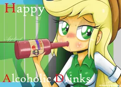 Size: 1333x959 | Tagged: safe, artist:the-butch-x, derpibooru import, applejack, equestria girls, alcohol, alcoholism, cowboy hat, cowgirl, fingernails, green eyes, hard cider, hat, moonshine, nail polish, solo, stetson, sweat, yellow hair