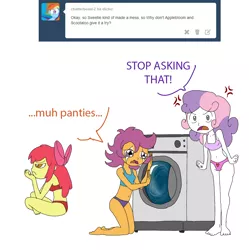 Size: 1280x1285 | Tagged: artist needed, safe, derpibooru import, apple bloom, scootaloo, sweetie belle, equestria girls, angry, belly button, blue underwear, bra, clothes, crop top bra, crying, cutie mark crusaders, dialogue, go go crusaders, heart, heart print underwear, humanized, laundry, panties, pink underwear, purple underwear, red underwear, underwear, washing machine