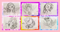 Size: 1304x694 | Tagged: safe, artist:chichicherry123, derpibooru import, applejack, fluttershy, pinkie pie, rainbow dash, rarity, twilight sparkle, twilight sparkle (alicorn), alicorn, pony, female, mane six, mare, monochrome, sketch art