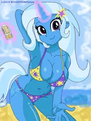 Size: 2736x3648 | Tagged: suggestive, artist:swagalicious-tony, artist:worldofdimensions, derpibooru import, trixie, equestria girls, absolute cleavage, armpits, beach, belly button, bikini, breasts, busty trixie, cleavage, clothes, female, glowing horn, highrollerhydra bait, horned humanization, looking at you, magic, peanut butter crackers, smiling, solo, solo female, swimsuit, tailed humanization, telekinesis