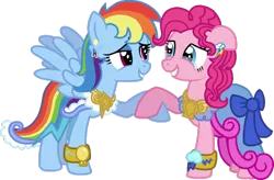 Size: 1024x673 | Tagged: safe, artist:starryoak, derpibooru import, pinkie pie, rainbow dash, earth pony, pegasus, pony, bow, bracelet, clothes, crying, cute, dress, earring, eye contact, female, holding hooves, lesbian, marriage, pinkiedash, shipping, simple background, sweet, tears of joy, transparent background