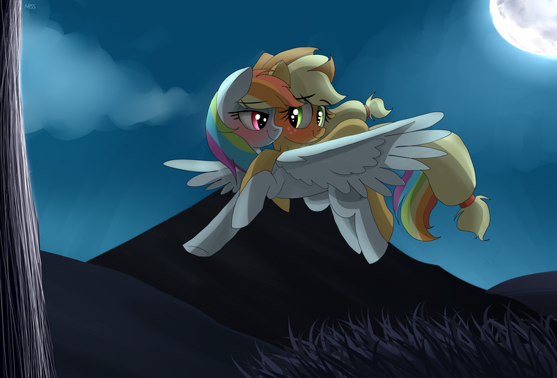 Size: 2800x1900 | Tagged: safe, artist:misspolycysticovary, derpibooru import, applejack, rainbow dash, appledash, bedroom eyes, female, flying, lesbian, moon, ponies riding ponies, riding, shipping