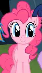 Size: 545x933 | Tagged: c:, creepy smile, cropped, cute, daring don't, derpibooru import, diapinkes, pinkie pie, safe, screencap, smiling, solo, weapons-grade cute