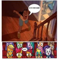 Size: 3428x3436 | Tagged: apple bloom, applejack, applejack is not amused, audience reaction, babs seed, derpibooru import, exploitable meme, fluttershy, forced meme, idw, lilo and stitch, meme, nani pelekai, rarity, safe, yelling