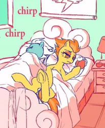 Size: 400x486 | Tagged: alarm clock, artist:susu, bed, blanket, derpibooru import, female, fleetfire, fleetfoot, hangover, lamp, lesbian, lying down, morning after, on back, pillow, safe, shipping, side, spitfire, tired, underhoof, wavy mouth