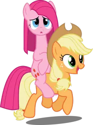 Size: 1024x1375 | Tagged: safe, artist:masem, derpibooru import, applejack, pinkie pie, pony, magical mystery cure, pinkamena diane pie, ponies riding ponies, simple background, swapped cutie marks, transparent background