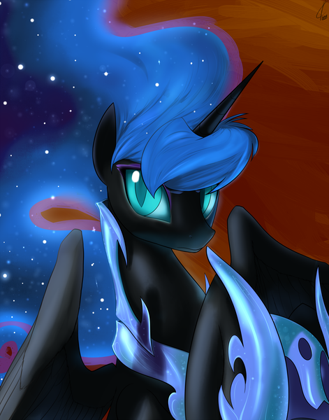 Size: 1800x2291 | Tagged: safe, artist:valcron, derpibooru import, nightmare moon, alicorn, pony, armor, bust, colored pupils, ethereal mane, female, frown, helmet, hoof hold, looking at you, mare, pretty, slit eyes, solo, spread wings, starry mane, wings