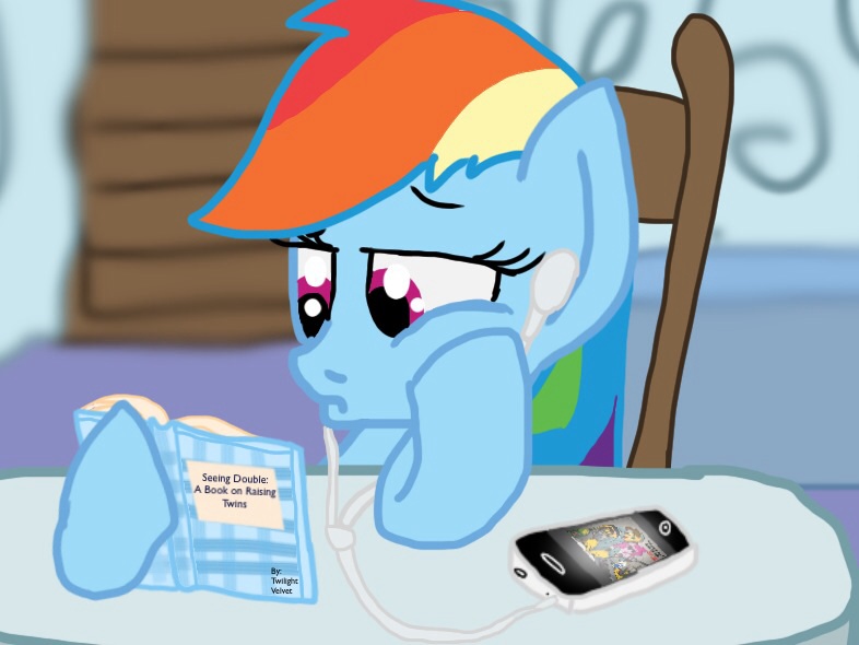 Size: 786x590 | Tagged: safe, artist:biosonic100, derpibooru import, rainbow dash, book, earbuds, ipod, reading, solo