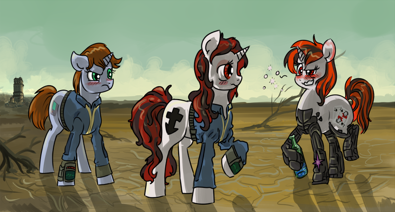 Size: 1000x537 | Tagged: safe, artist:fonora, derpibooru import, oc, oc:blackjack, oc:littlepip, unofficial characters only, cyborg, pony, unicorn, fallout equestria, fanfic, blushing, clothes, fanfic art, female, horn, jealous, level 2 (project horizons), mare, pipbuck, vault suit, wasteland