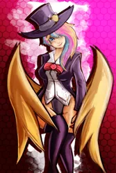 Size: 1050x1575 | Tagged: artist:checkerboardazn, babscon, babscon mascots, breasts, derpibooru import, hat, human, humanized, magician outfit, mascot, oc, oc:golden gates, pixiv, showgirl, solo, suggestive, top hat, unofficial characters only, winged humanization