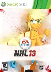 Size: 765x1079 | Tagged: safe, artist:mysteriouskaos, artist:xenon, derpibooru import, applejack, pony, 360, bipedal, box art, chest fluff, cover, ea sports, game, hockey, ice skates, nhl, parody, solo, xbox, xbox 360