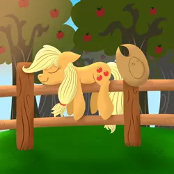 Size: 1600x1600 | Tagged: safe, artist:notenoughapples, derpibooru import, applejack, pony, fence, silly, silly pony, sleeping, solo