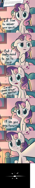 Size: 1280x6845 | Tagged: safe, artist:spikedmauler, derpibooru import, sweetie belle, ask, bedroom, bedtime, camera, comic, cute, go ask sweetie belle, pillow, pov, solo, speech bubble, tumblr