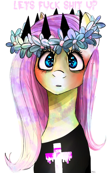 Size: 1200x1900 | Tagged: artist:misspolycysticovary, clothes, cross, derpibooru import, fluttershy, pastel goth, safe, shirt, solo, vulgar