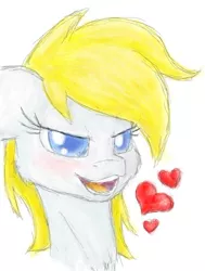 Size: 402x533 | Tagged: aroused, artist:whazzam95, bedroom eyes, blonde, blushing, derpibooru import, face, female, floppy ears, fluffy, heart, oc, oc:aryanne, open mouth, portrait, safe, smiling, solo, unofficial characters only