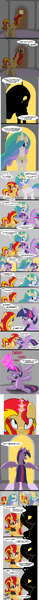 Size: 800x12200 | Tagged: safe, artist:miroslav46, derpibooru import, princess celestia, sunset shimmer, twilight sparkle, twilight sparkle (alicorn), alicorn, pony, unicorn, coffee, royal guard, silhouette, sunset shimmer hates you, tumblr