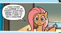Size: 290x158 | Tagged: artist:tonyfleecs, caption, comic, derpibooru import, fluttershy, frown, gritted teeth, idw, insanity, official, reaction image, safe, solo, source needed, spoiler:comic, spoiler:comicff5, wide eyes