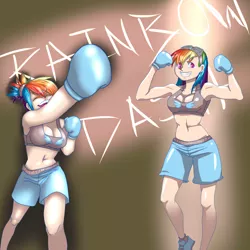 Size: 1024x1024 | Tagged: abs, artist:cutelaughter, boxing, boxing gloves, boxing shorts, breasts, cleavage, clothes, dead source, derpibooru import, female, fit, flexing, goggles, grin, human, humanized, midriff, muscles, punch, rainbow dash, safe, solo, sports bra, sports shorts, trunks