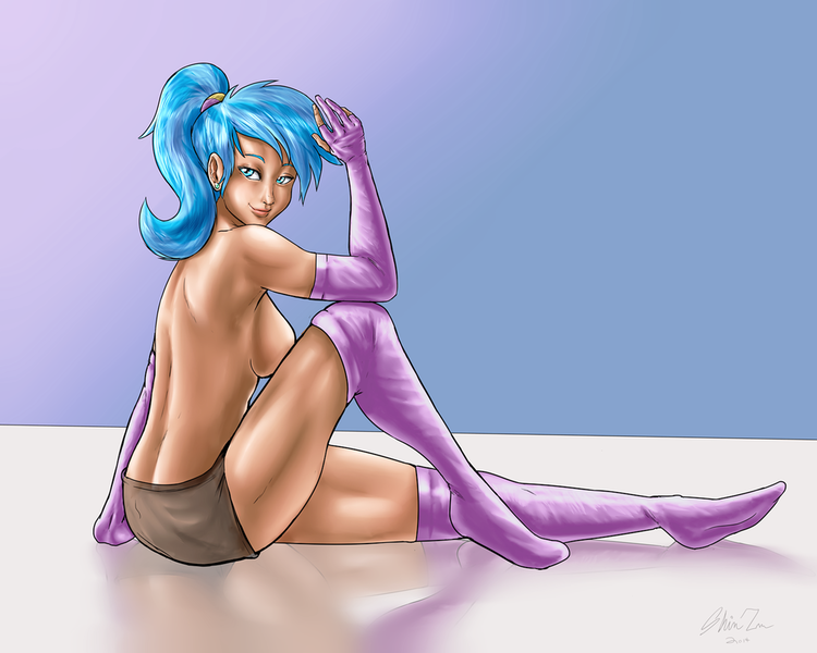 Size: 1024x819 | Tagged: allie way, artist:shinzm, breasts, clothes, derpibooru import, evening gloves, female, human, humanized, looking at you, nudity, pinup, ponytail, questionable, sideboob, smiling, solo, solo female, stockings, topless