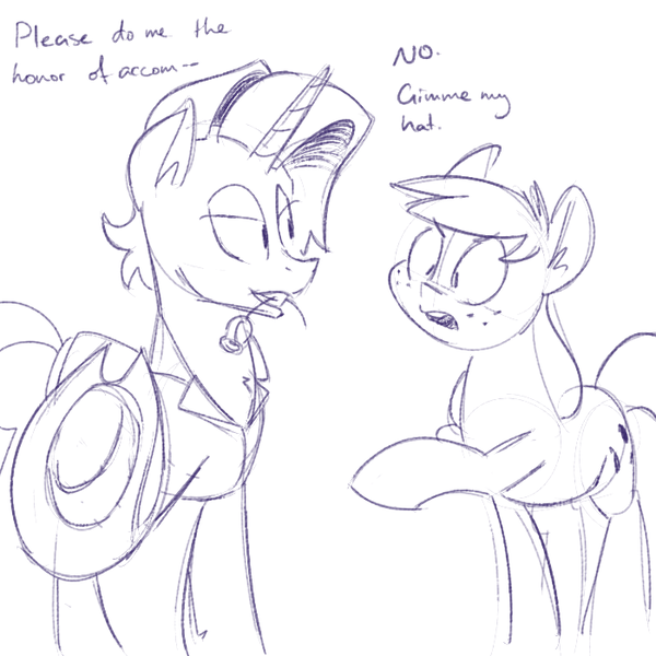 Size: 700x700 | Tagged: applejack, artist:goat train, clothes, derpibooru import, dialogue, elusive, hat, monochrome, mouth hold, rarity, rose, rule 63, safe