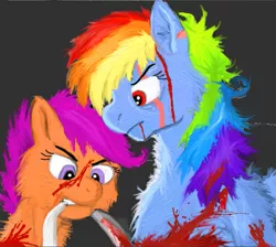 Size: 769x690 | Tagged: artist:deadfactory-rd-brony, bandage, bleeding, blood, derpibooru import, fluffy, grimdark, injured, rainbow dash, rainbow factory dash, scootaloo