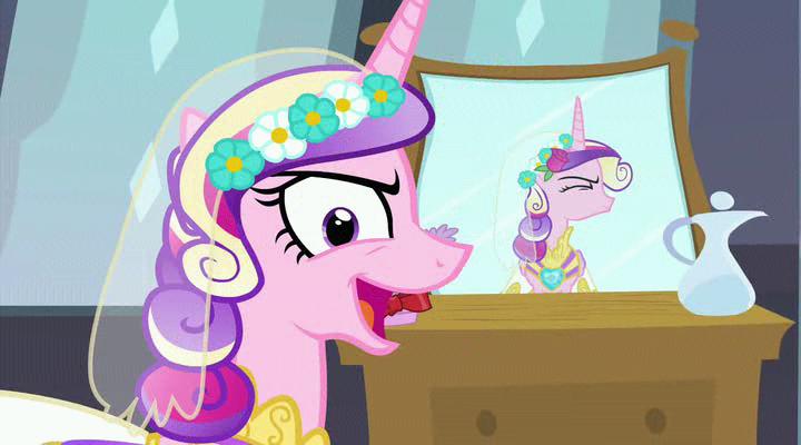 Size: 720x400 | Tagged: a canterlot wedding, animation error, creepy, derpibooru import, evil grin, fake cadance, mirror, one eye closed, princess cadance, queen chrysalis, reflection, safe, screencap, solo