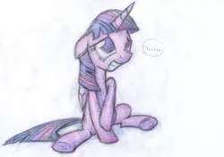 Size: 1533x1072 | Tagged: safe, artist:aemantaslim, derpibooru import, twilight sparkle, twilight sparkle (alicorn), alicorn, pony, colored pencil drawing, female, mare, sitting, solo, speech bubble, traditional art, underhoof