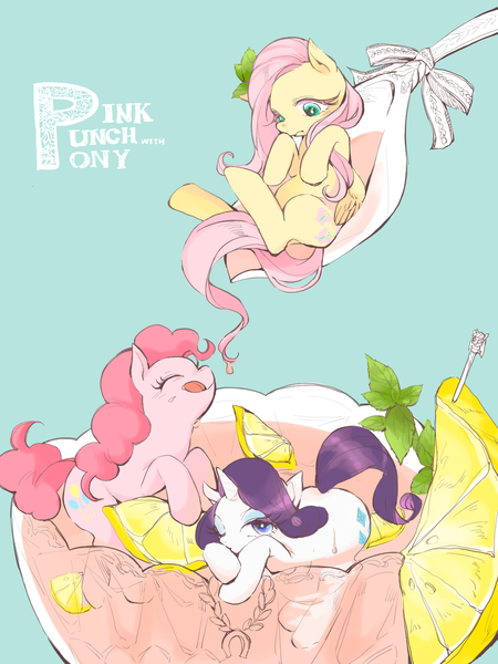 Size: 1000x1333 | Tagged: safe, artist:wan, derpibooru import, fluttershy, pinkie pie, rarity, pony, alliteration, cute, drink, eyes closed, lemon, licking, licking lips, micro, one eye closed, pixiv, punch (drink), punch bowl, tongue out, twilight scepter