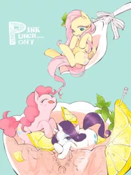 Size: 1000x1333 | Tagged: safe, artist:wan, derpibooru import, fluttershy, pinkie pie, rarity, pony, alliteration, cute, drink, eyes closed, lemon, licking, licking lips, micro, one eye closed, pixiv, punch (drink), punch bowl, tongue out, twilight scepter