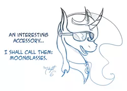 Size: 1000x714 | Tagged: safe, artist:midnightsix3, derpibooru import, princess luna, lunadoodle, curved horn, monochrome, solo, sunglasses