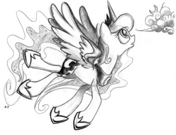 Size: 1280x988 | Tagged: safe, artist:uminanimu, derpibooru import, princess luna, lunadoodle, cloud, flying, monochrome, moon, solo, traditional art