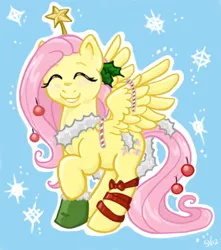 Size: 537x608 | Tagged: artist:veritasket, candy cane, derpibooru import, fluttershy, garland, holly, ornament, ribbon, safe, solo