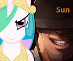 Size: 900x754 | Tagged: safe, artist:biggreenpepper, artist:hooon, derpibooru import, edit, princess celestia, crossover, face comparison, glare, grin, hair over one eye, needs more jpeg, smiling, soldier, sun, team fortress 2