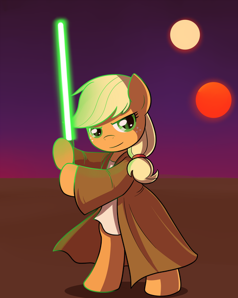 Size: 2000x2500 | Tagged: safe, artist:drawponies, derpibooru import, applejack, pony, bipedal, crossover, hatless, jedi, lightsaber, missing accessory, solo, star wars, tatooine