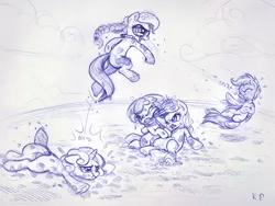 Size: 1600x1200 | Tagged: apple bloom, artist:kp-shadowsquirrel, ballpoint pen, cutie mark crusaders, derpibooru import, diamond tiara, dirty, fight, hair bite, hair pulling, monochrome, mud, safe, scootaloo, silver spoon, sketch, sweetie belle, traditional art