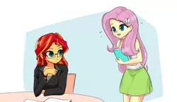 Size: 1280x743 | Tagged: safe, artist:twilite-sparkleplz, derpibooru import, fluttershy, sunset shimmer, equestria girls, clothes, female, glasses, lesbian, shipping, skirt, sunshyne, tanktop