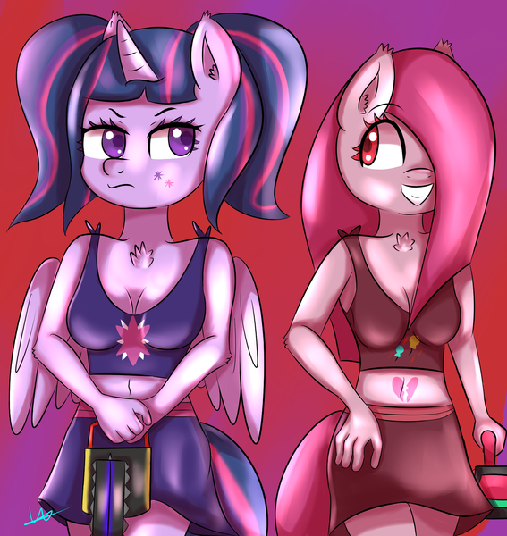 Size: 1700x1800 | Tagged: anthro, artist:wolfy-pony, breasts, cleavage, derpibooru import, female, lollipop chainsaw, pinkamena diane pie, pinkie pie, suggestive, twilight sparkle, twilight sparkle (alicorn)