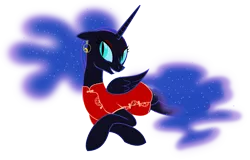 Size: 4676x3000 | Tagged: absurd resolution, alternate hairstyle, artist:up1ter, clothes, derpibooru import, earring, eyeshadow, floppy ears, grin, looking at you, nightmare moon, prone, safe, simple background, smiling, solo, stupid sexy nightmare moon, transparent background, vector